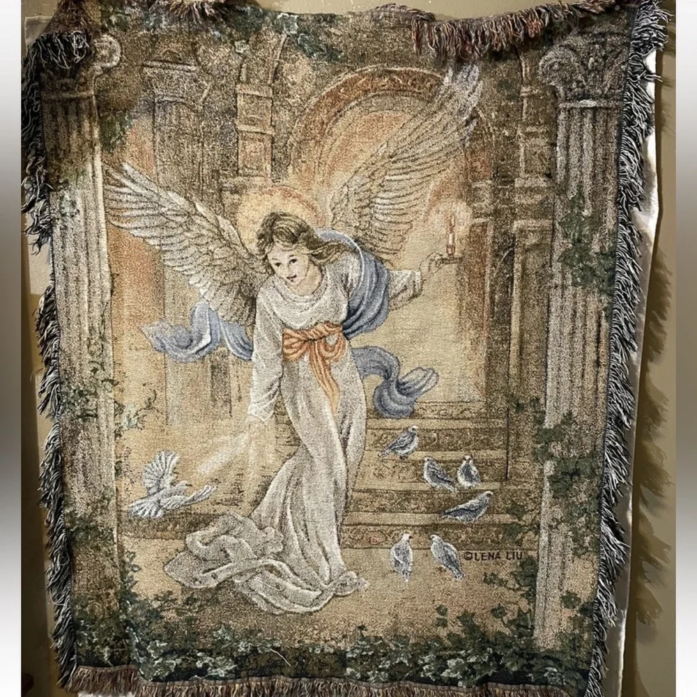 Angel Tapestry Wall Hanging - Neutral Beige and Blue Accents